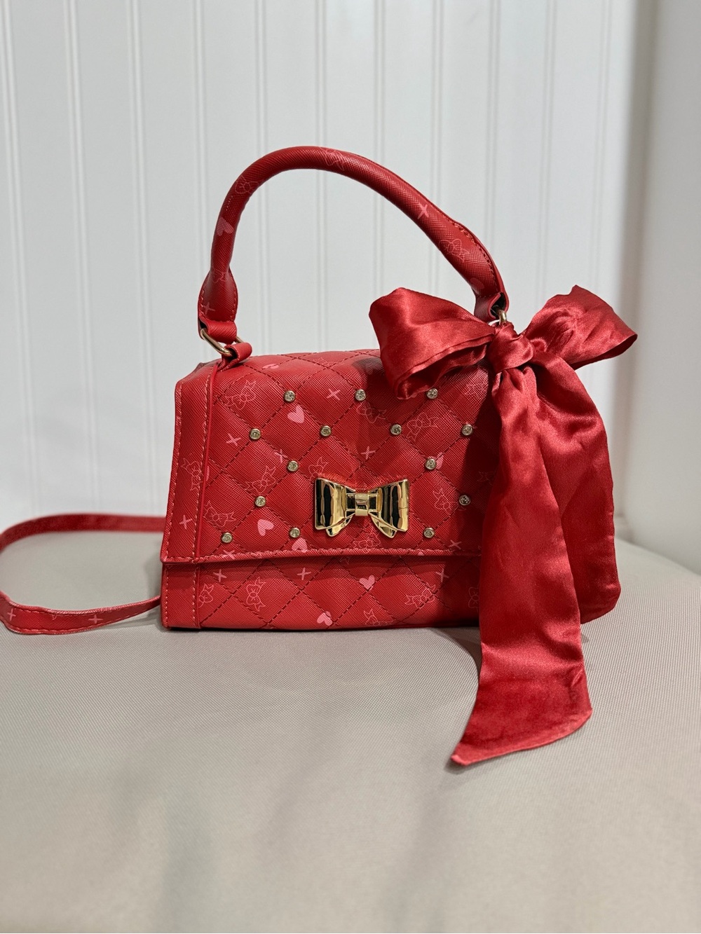 Under One Sky Red Quilted Bow-Embellished Mini Top-Handle Bag